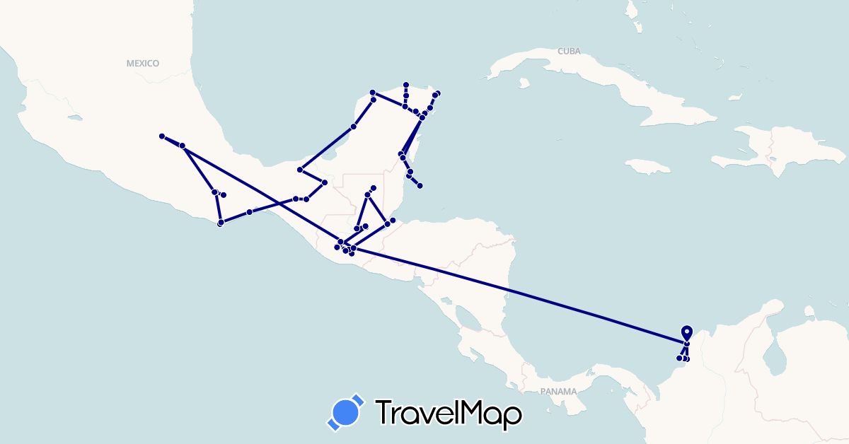 TravelMap itinerary: driving in Belize, Colombia, Guatemala, Mexico (North America, South America)